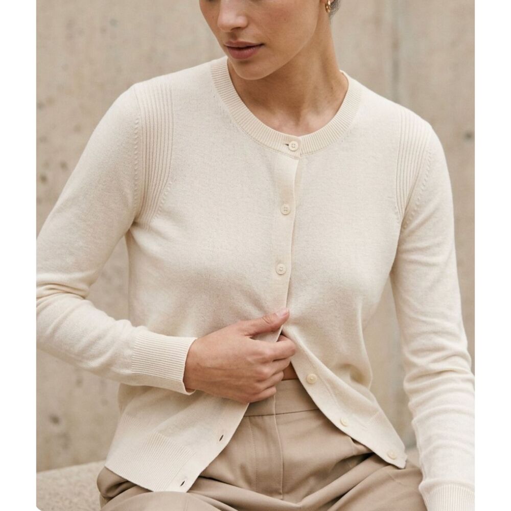 Ann Taylor 100% Cotton Ribbed Button Front Cardigan Cream Ivory Size Medium